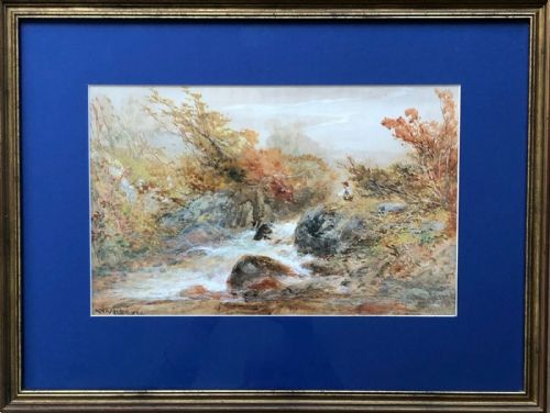 fig 1. William Widgery Signed Original mid 19th Century Antique Watercolour Painting Fishing River English Landscape
