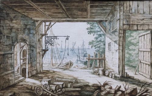 Original Antique 18th Century Watermark Watercolour Painting Boat Shipyard Building Seascape