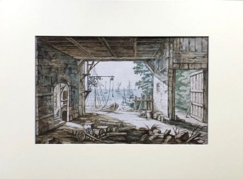 fig 1. Original Antique 18th Century Watermark Watercolour Painting Boat Shipyard Building Seascape