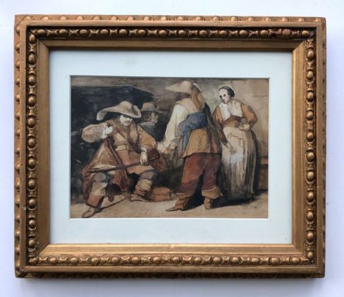Dutch School Original 19th Century Antique Watercolour Painting Cavalier Figures in a Tavern Attributed Verso Hendricus J Scheeres