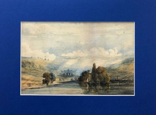 English School Original 19th Century Antique Watercolour Painting River & Mountain Landscape