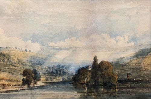 fig 1. English School Original 19th Century Antique Watercolour Painting River & Mountain Landscape
