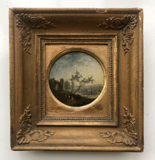 French School Original Small 19th Century Antique Circular Oil Painting on Wood Panel Figures Beside a Lakeside with Castle Landscape