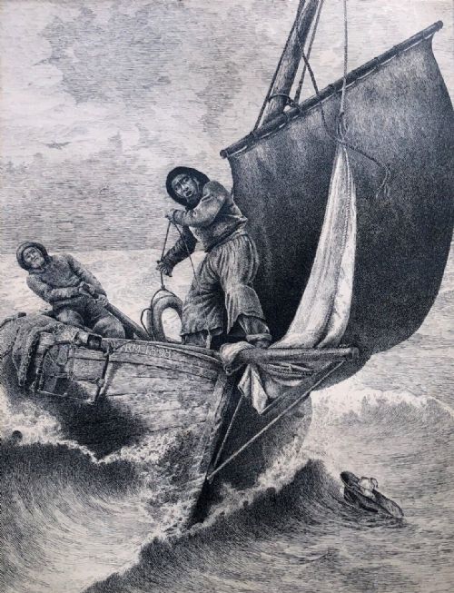 Original 19th Century Antique Pen & Ink Drawing Fishermen at Sea Signed W.r.m & Dated 1898 Stormy Seascape