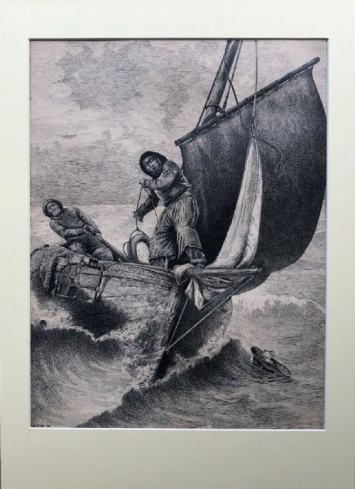 fig 1. Original 19th Century Antique Pen & Ink Drawing Fishermen at Sea Signed W.R.M & Dated 1898 Stormy Seascape