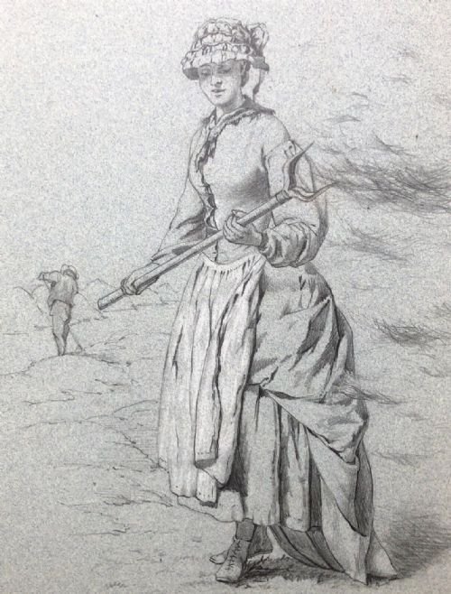 1876 Monogramed Signed English School Original 19th C Antique Pencil Drawing Portrait of a Lady Field Worker