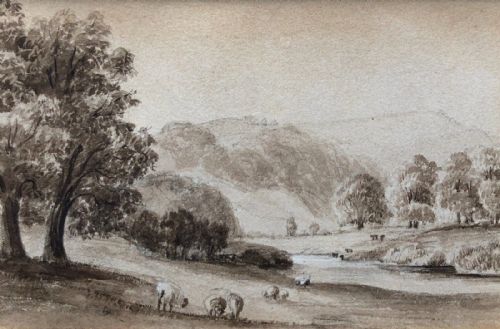 Attributed to David Cox Sr Original 19th Century Antique Grisaille Watercolour Painting Sheep in Hilly Landscape