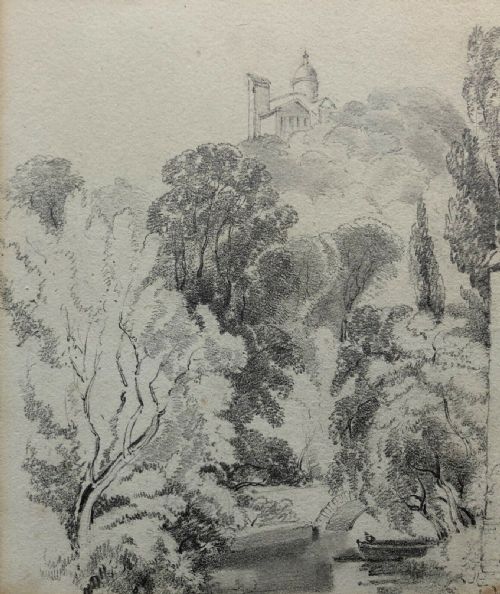 James Duffield Harding 1798-1863 Original Initialled Antique Pencil Drawing "The Church on the Hill"