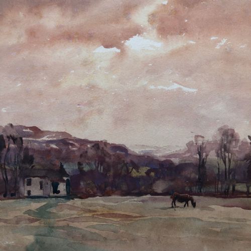 fig 1. Fred Lawson Signed Original Antique Watercolour Painting Horse in Yorkshire Landscape