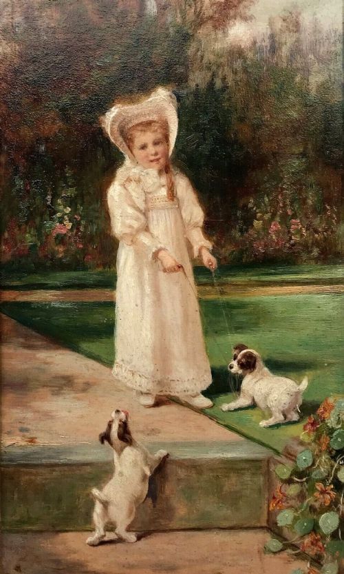 David W Haddon 1904 Signed Original Early 20th Century Antique Oil Painting on Wood Panel Young Girl Playing with Puppy Dogs