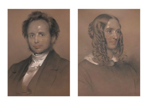 2 X 19th Century Signed Portraits of Victorian Poet Robert Browning & His Wife Elizabeth Barrett Browning Antique Chalk Pastel Drawings Paintings