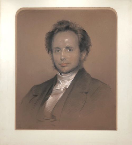 fig 1. 2 x 19th Century Signed Portraits of Victorian Poet Robert Browning & His Wife Elizabeth Barrett Browning Antique Chalk Pastel Drawings Paintings