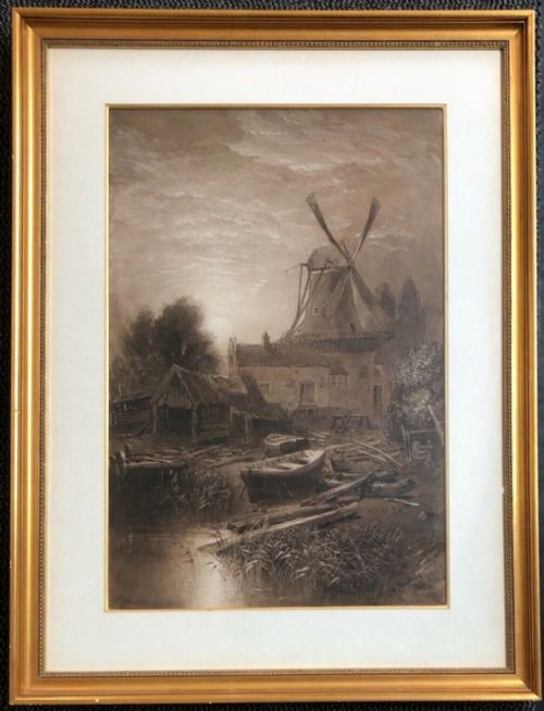 fig 1. George Sheffield 1873 Signed Original 19th Century Antique Grisaille Watercolour Painting Windmill Rotterdam Dutch Landscape