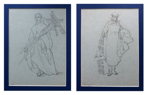 1876 English School Original 19th Century 2 X Antique Pencil Drawings Lady Field Workers Victorian Portrait Studies