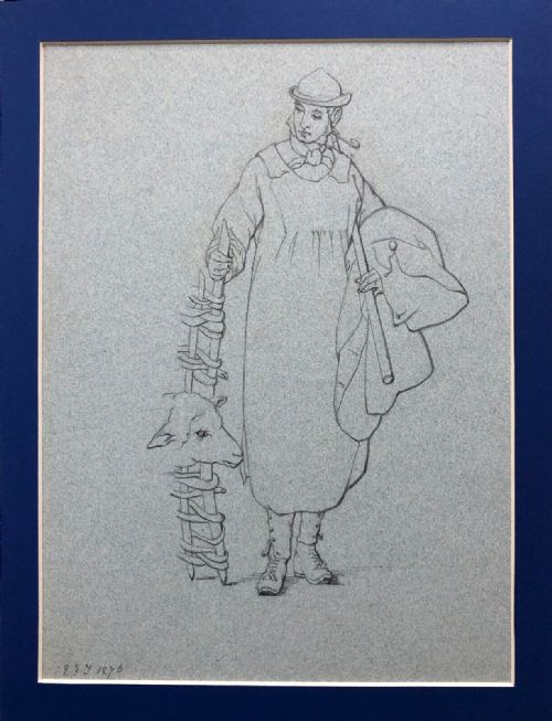 fig 1. 1876 English School Original 19th Century 2 x Antique Pencil Drawings Lady Field Workers Victorian Portrait Studies