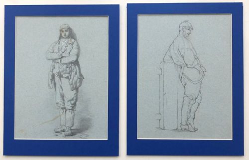 1876 English School Original 19th Century 2 X Antique Pencil Drawings Victorian Male Studies