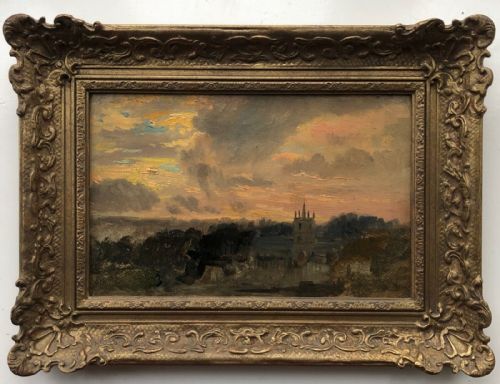 Robert Gallon Signed 1880 Original 19th Century Antique Oil Painting on Board Sunset Landscape of Knaresborough Yorkshire with Provenance