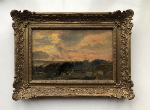 fig 1. Robert Gallon Signed 1880 Original 19th Century Antique Oil Painting on Board Sunset Landscape of Knaresborough Yorkshire with Provenance