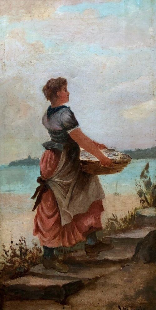 fig 1. Signed J Morris (18)99 Original Antique Oil Painting on Canvas Fisher Woman with the Day's Catch English Seascape