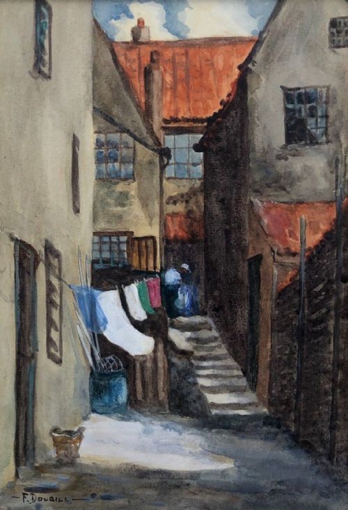 Signed F Dougill Original Antique Watercolour Painting Arguments Yard Street Scene Whitby Yorkshire Landscape