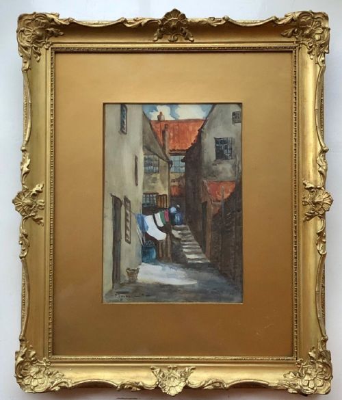 fig 1. Signed F Dougill Original Antique Watercolour Painting Arguments Yard Street Scene Whitby Yorkshire Landscape