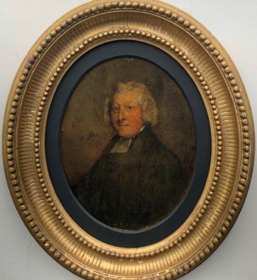 fig 1. William Staveley Original 18th Century Antique Oval Framed Oil Painting on Wood Panel Portrait of The Reverend Edward Stillingfleet of Kelfield Hall