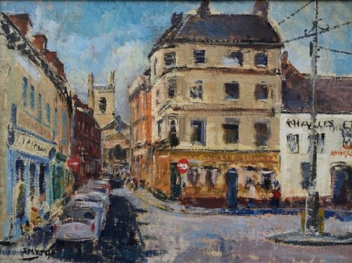 Smythe Signed Original Mid 20th Century Framed Oil Painting on Board of Worcester City Centre Cityscape English Landscape