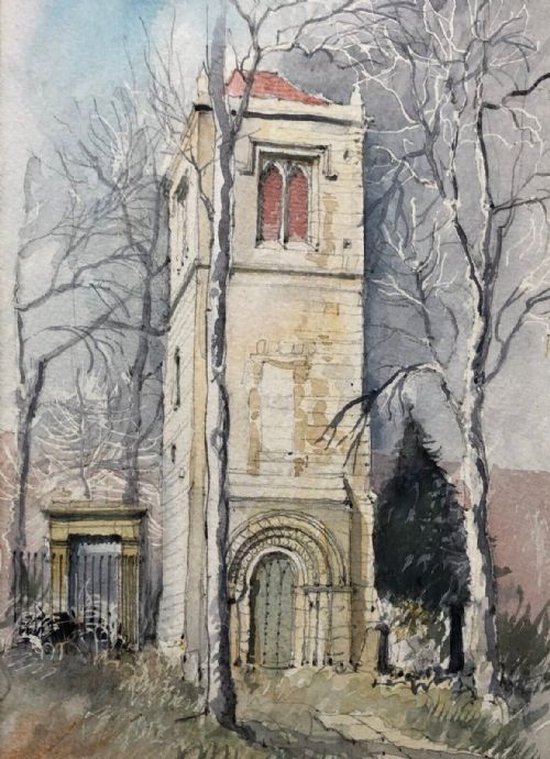 Original Mid 20th Century Watercolour Painting St Lawrence's Tower in York, Yorkshire Landscape