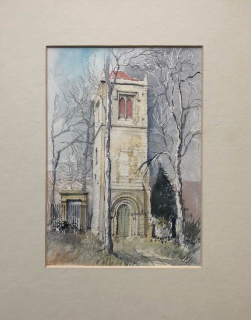 fig 1. Original Mid 20th Century Watercolour Painting St Lawrence's Tower in York, Yorkshire Landscape