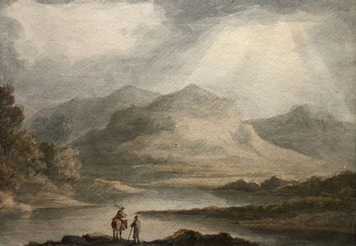Attributed to Benjamin Barker Early 19th Century Antique Watercolour Painting Travellers in Welsh Lake Landscape