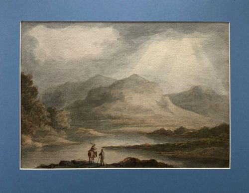 fig 1. Attributed to Benjamin Barker early 19th Century Antique Watercolour Painting Travellers in Welsh Lake Landscape
