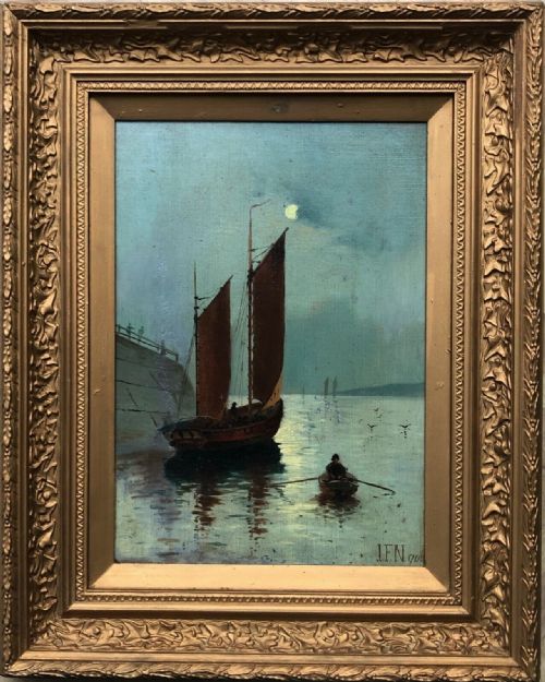 Original Signed J F N 19th Century Antique Framed Oil Painting on Canvas Moonlight Harbour Sailing Scene 1