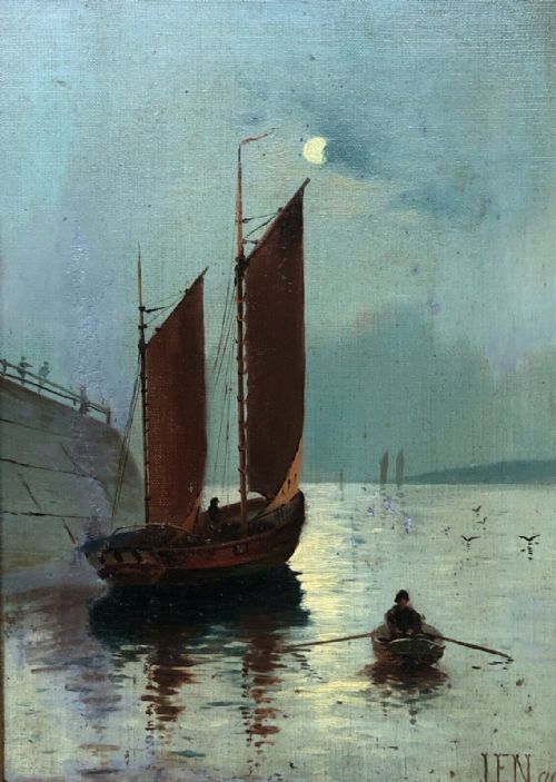 fig 1. Original Signed J F N 19th Century Antique Framed Oil Painting on Canvas Moonlight Harbour Sailing Scene 1