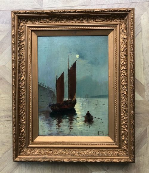 fig 2. Original Signed J F N 19th Century Antique Framed Oil Painting on Canvas Moonlight Harbour Sailing Scene 1