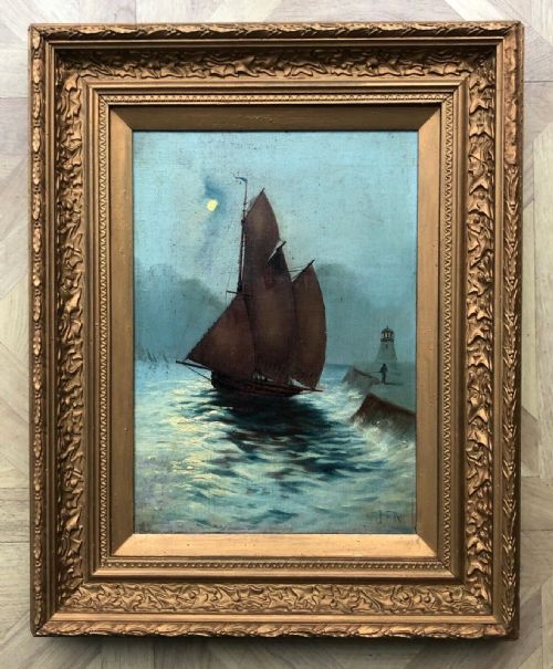 Original Signed J F N 19th Century Antique Framed Oil Painting on Canvas Moonlight Harbour & Lighthouse Sailing Scene 2