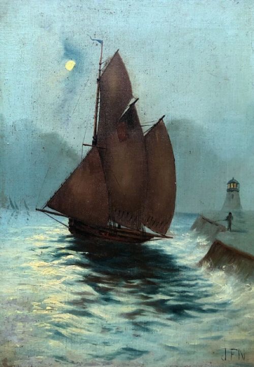 fig 1. Original Signed J F N 19th Century Antique Framed Oil Painting on Canvas Moonlight Harbour & Lighthouse Sailing Scene 2
