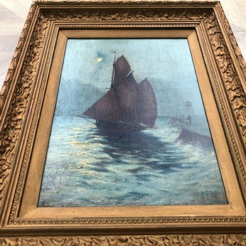 fig 2. Original Signed J F N 19th Century Antique Framed Oil Painting on Canvas Moonlight Harbour & Lighthouse Sailing Scene 2