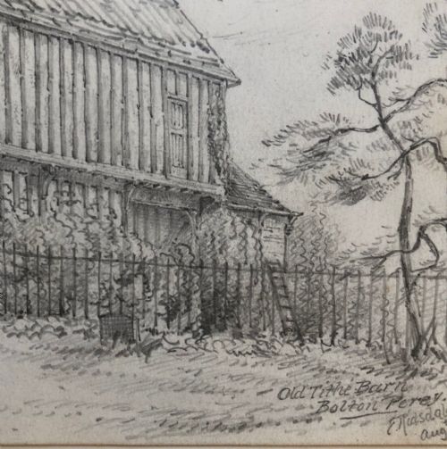 fig 4. Edwin Ridsdale Tate Dated August (18)84 Original 19th Century Antique Sketch Old Tithe Barn at Bolton Percy North Yorks, Yorkshire Landscape Drawing