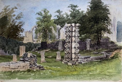 Original 19th Century Antique Watercolour Painting Museum Gardens St Mary's Abbey Ruins York North Yorkshire Landscape