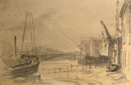 Original 19th Century Antique Pencil Sketch Drawing Old River Ouse and Bridge Drawing Kings Staith York Landscape