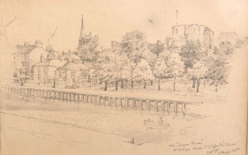 fig 1. Edwin Ridsdale Tate 1905 Original Annotated Pencil Sketch The Sugar Tower St Georges Field Cliffords Tower York Historical Landscape