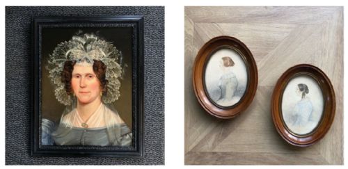 Original Early 19th Century Antique English Portraits, Oil Painting of Mrs Mary Watson & 2 Small Oval Watercolours of Her Daughters
