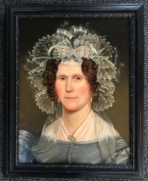 fig 1. Original Early 19th Century Antique English Portraits, Oil Painting of Mrs Mary Watson & 2 Small Oval Watercolours of her Daughters