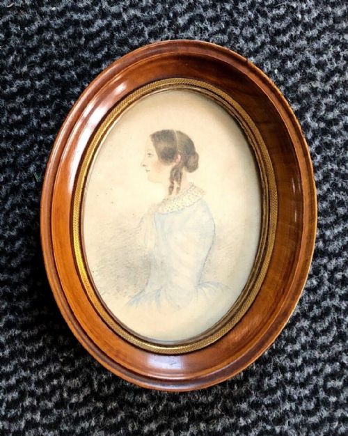fig 2. Original Early 19th Century Antique English Portraits, Oil Painting of Mrs Mary Watson & 2 Small Oval Watercolours of her Daughters
