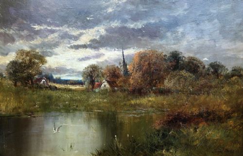 Clement Morris Signed Late 19th Century Original Antique Oil Painting on Canvas ''Clifton Hampden Church'' English Landscape
