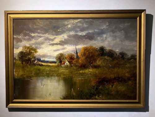 fig 1. Clement Morris Signed Late 19th Century Original Antique Oil Painting on Canvas ''Clifton Hampden Church'' English Landscape