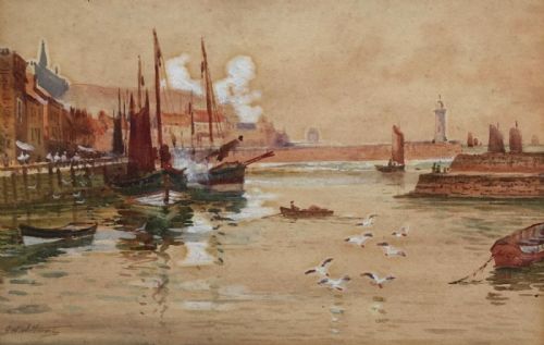 John Wynne Williams Signed Original Early 20th Century Antique Watercolour Painting Whitby Harbour North Yorkshire Coast Seascape