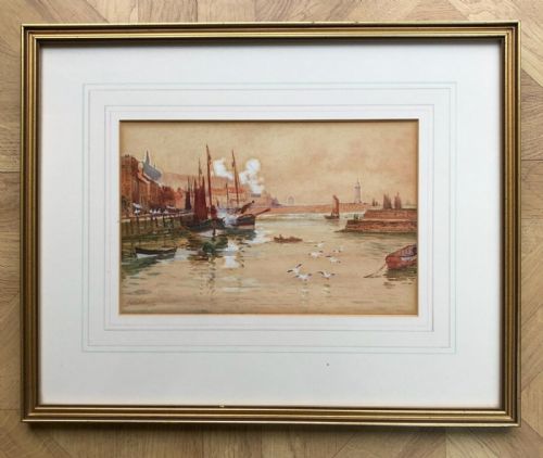 fig 1. John Wynne Williams Signed Original early 20th Century Antique Watercolour Painting Whitby Harbour North Yorkshire Coast Seascape