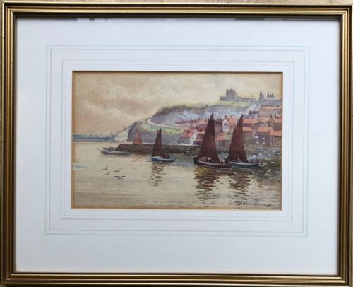 fig 1. John Wynne Williams early 20th Century Original Antique Watercolour Painting Whitby Harbour , Abbey & St Mary's Church North Yorkshire Seascape