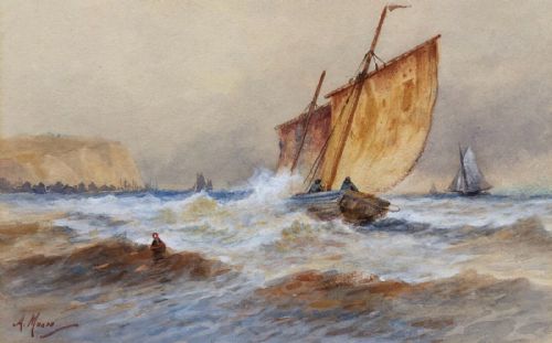 A Moore Signed Original Late 19th Century Antique Watercolour Painting 'Running the Nets' English Seascape
